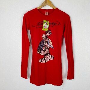 Ed Hardy Christian Audigier Red Geisha Long Sleeve Tunic T-Shirt